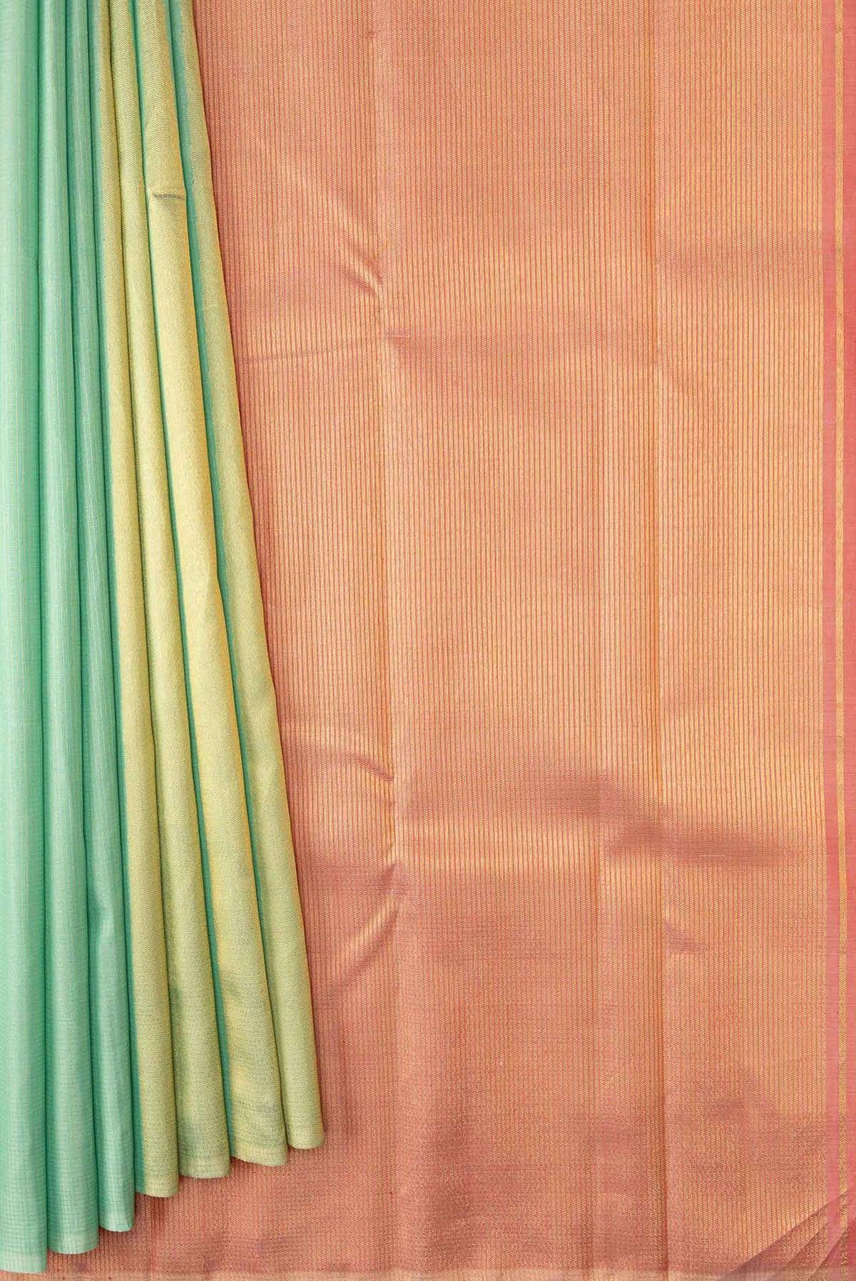 Pleats and pallu of Pure Silk Pure Zari Pista Green Dual Tone Kanchipuram Saree with Checked design on the body and Fancy Border