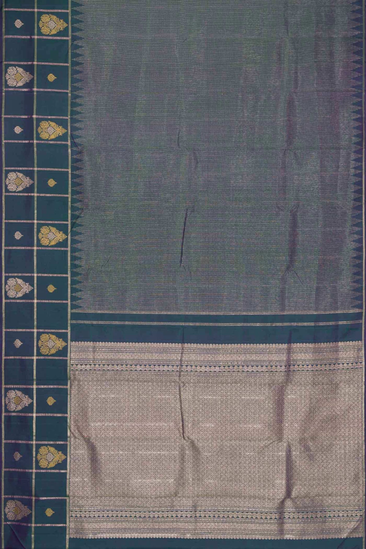 Flat view of Peacock Blue Dual Tone Kanchipuram Silk Saree with Zari Brocade on the body and Fancy Border
