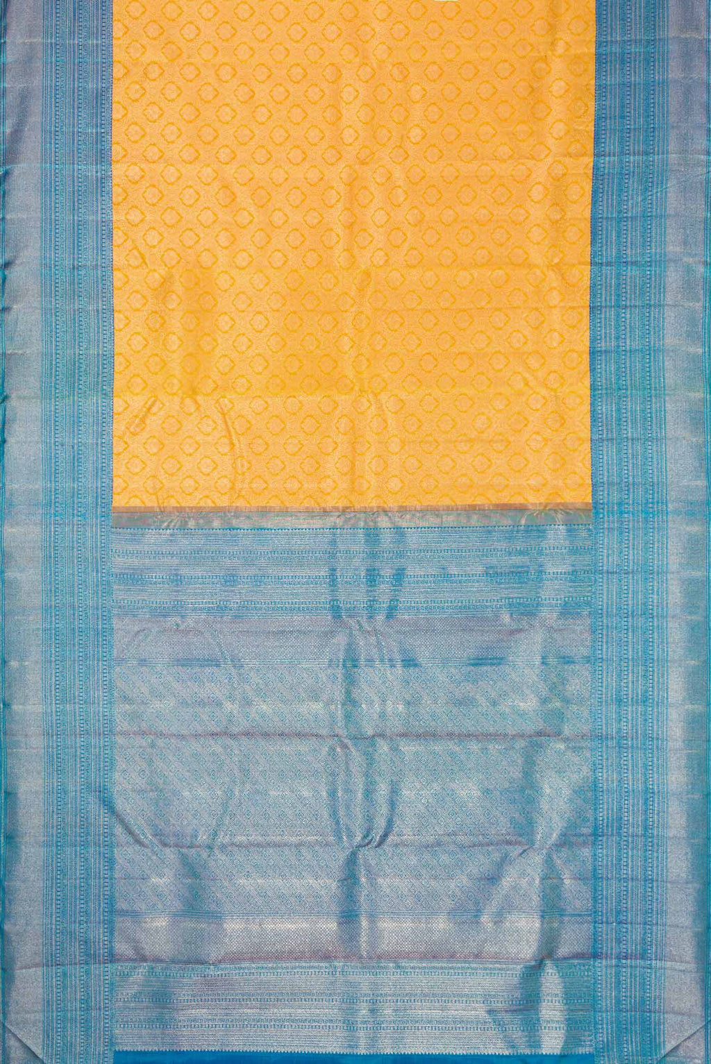 Flat view of Yellow Kanchipuram Silk Saree with Zari Brocade on the body and Zari Border