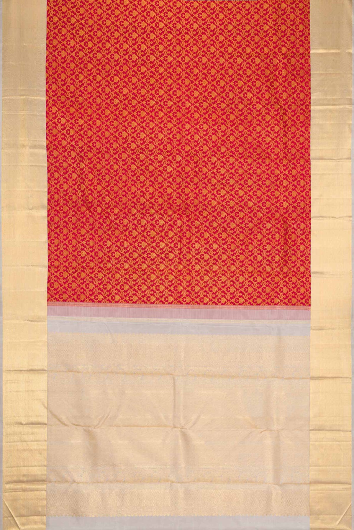 Flat view of Maroon Dual Tone Kanchipuram Saree with Zari Brocade on the body and Zari Border