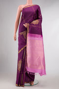 Purple Dual Tone Kanchipuram Silk Saree With Checked design on the body and Zari Border displayed on a mannequin