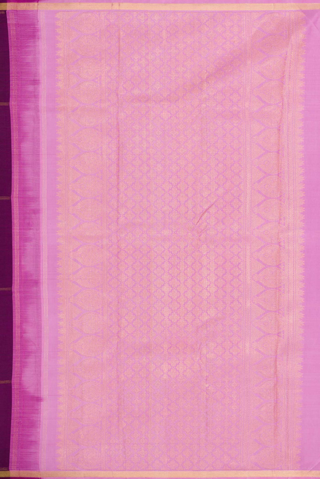 Close up image of the pallu of Purple Dual Tone Kanchipuram Silk Saree With Checked design on the body and Zari Border