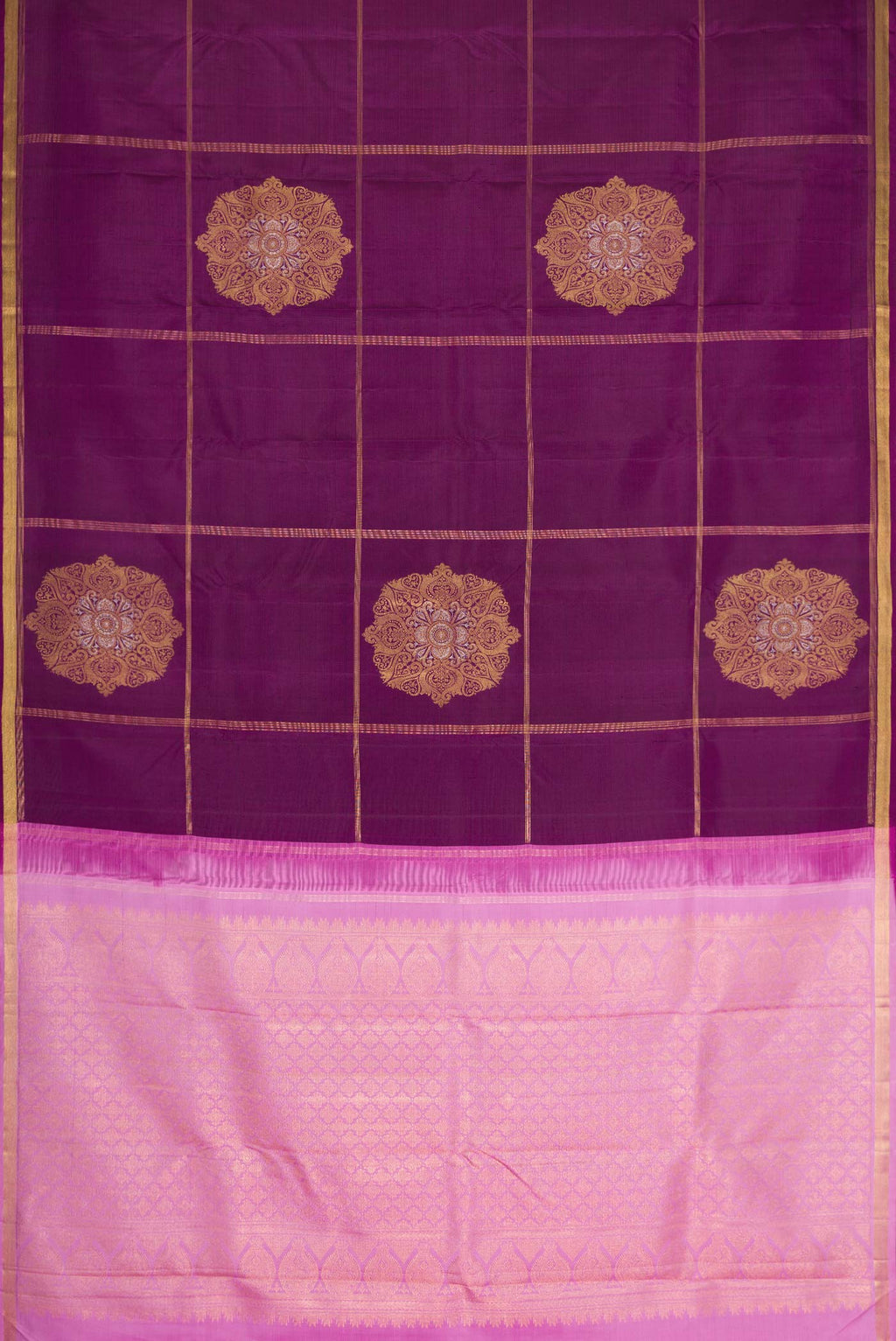 Flat view of Purple Dual Tone Kanchipuram Silk Saree With Checked design on the body and Zari Border