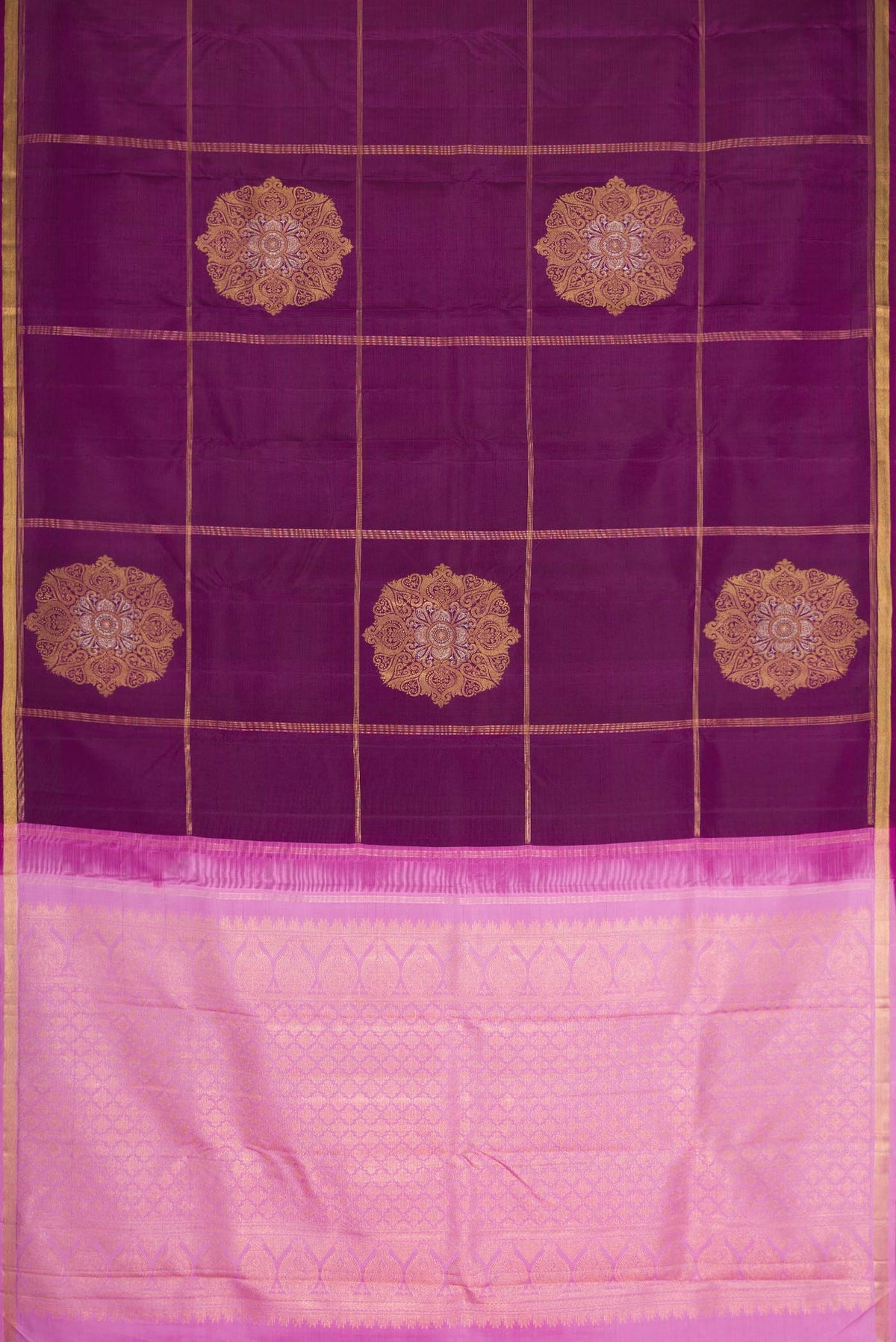 Flat view of Purple Dual Tone Kanchipuram Silk Saree With Checked design on the body and Zari Border