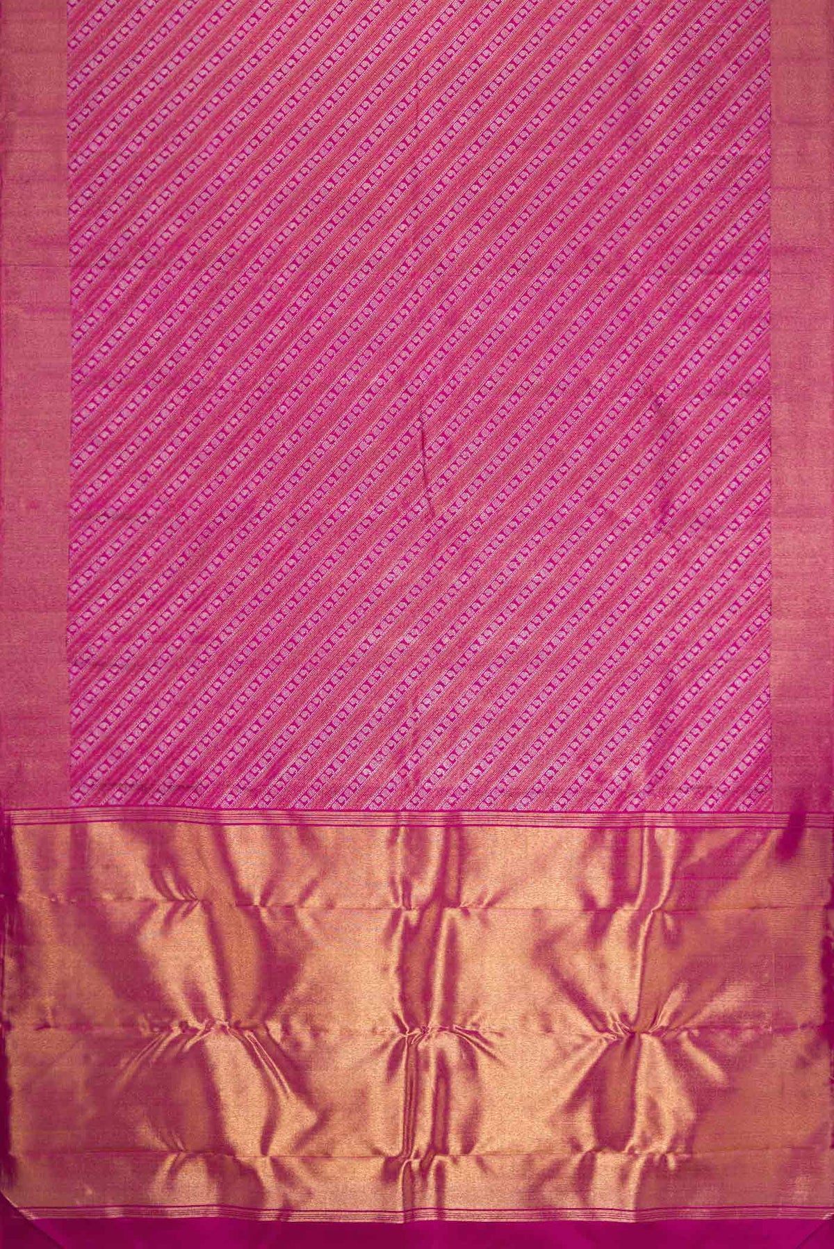 Flat view of Pink Dual Tone Kanchipuram Silk Saree with Zari Brocade on the body and Zari Border