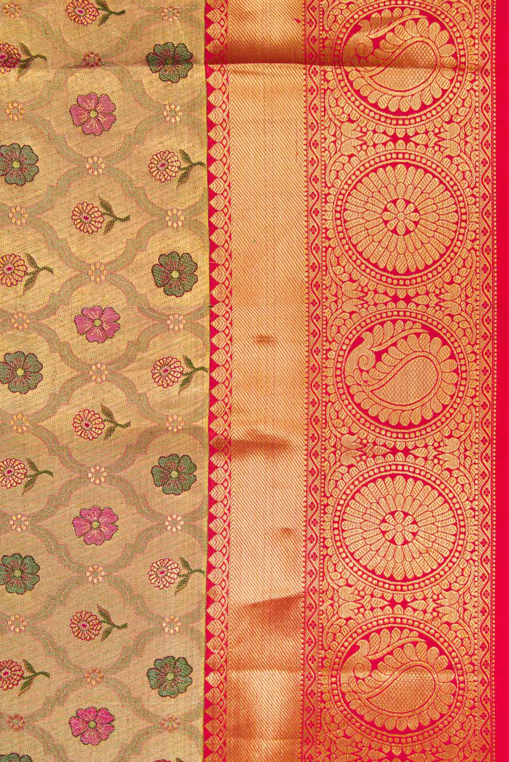 Border image of Gold Dual Tone Kanchipuram Tissue Silk Saree with Zari Brocade on the body and Zari Border. 