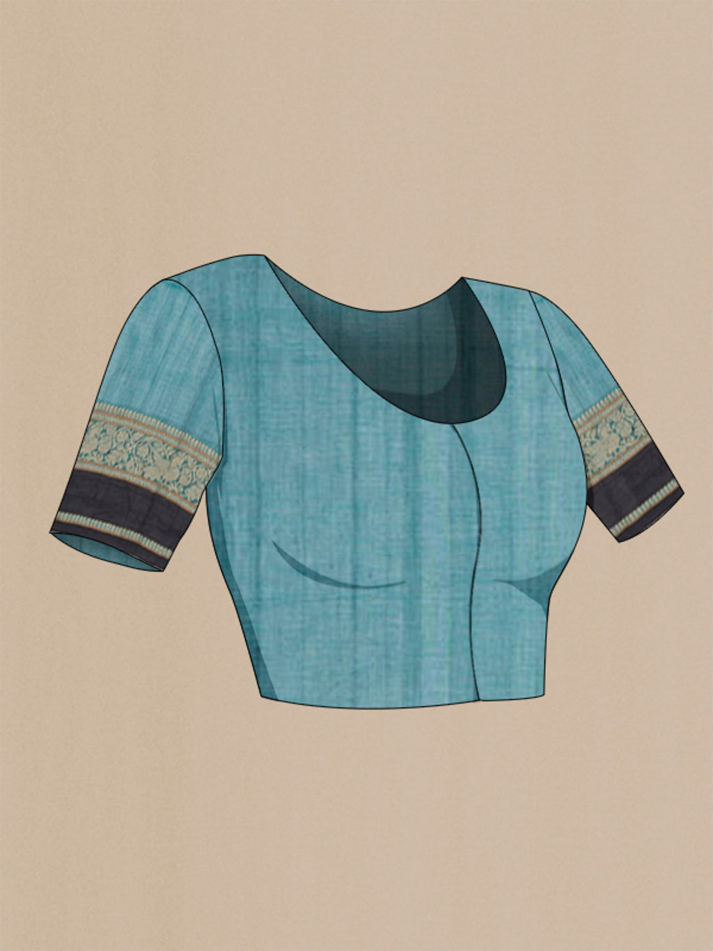 Close up image of the blouse of Teal Kanchi Cotton Saree with Plain Body and Thread Border