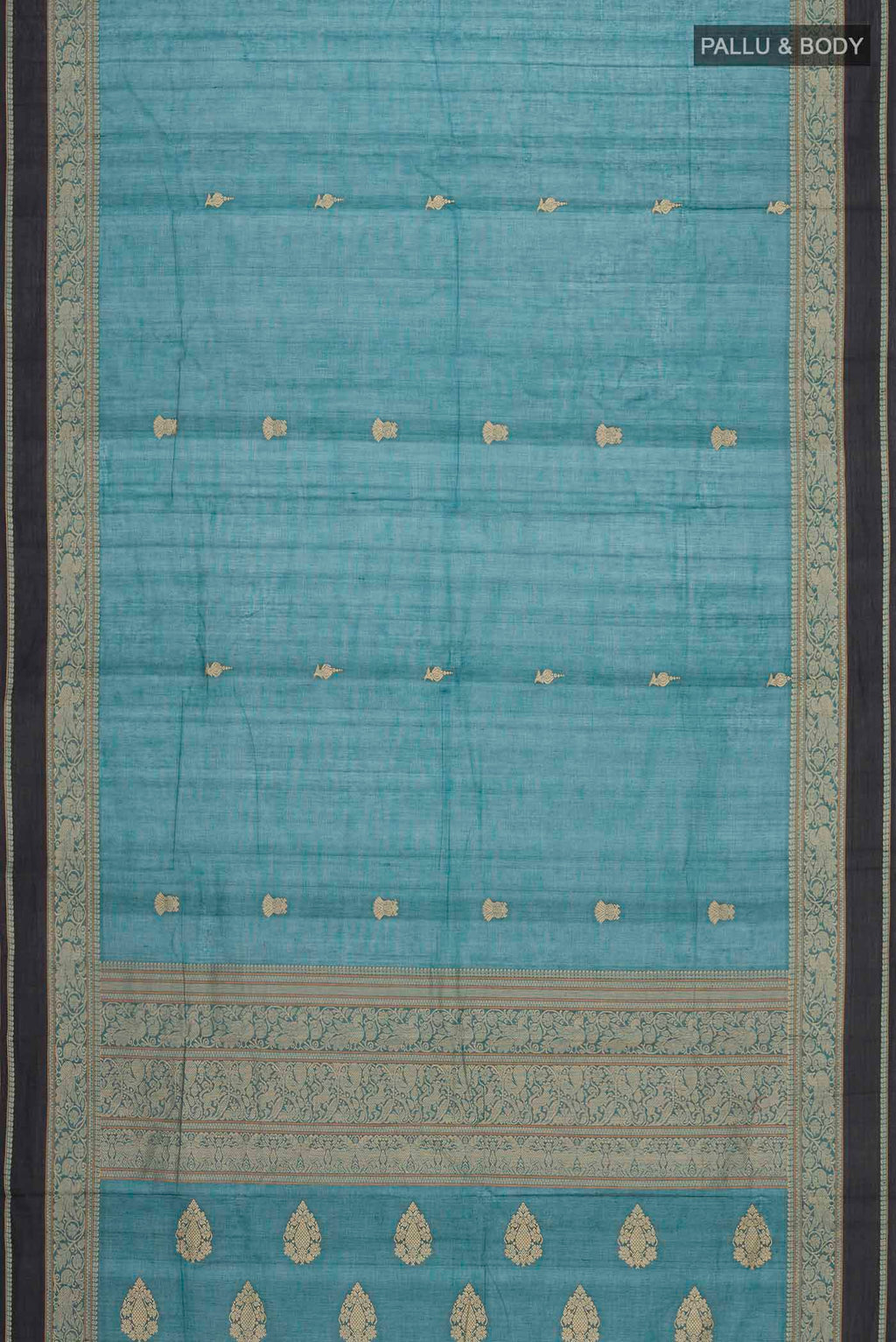 Flat view of Teal Kanchi Cotton Saree with Plain Body and Thread Border