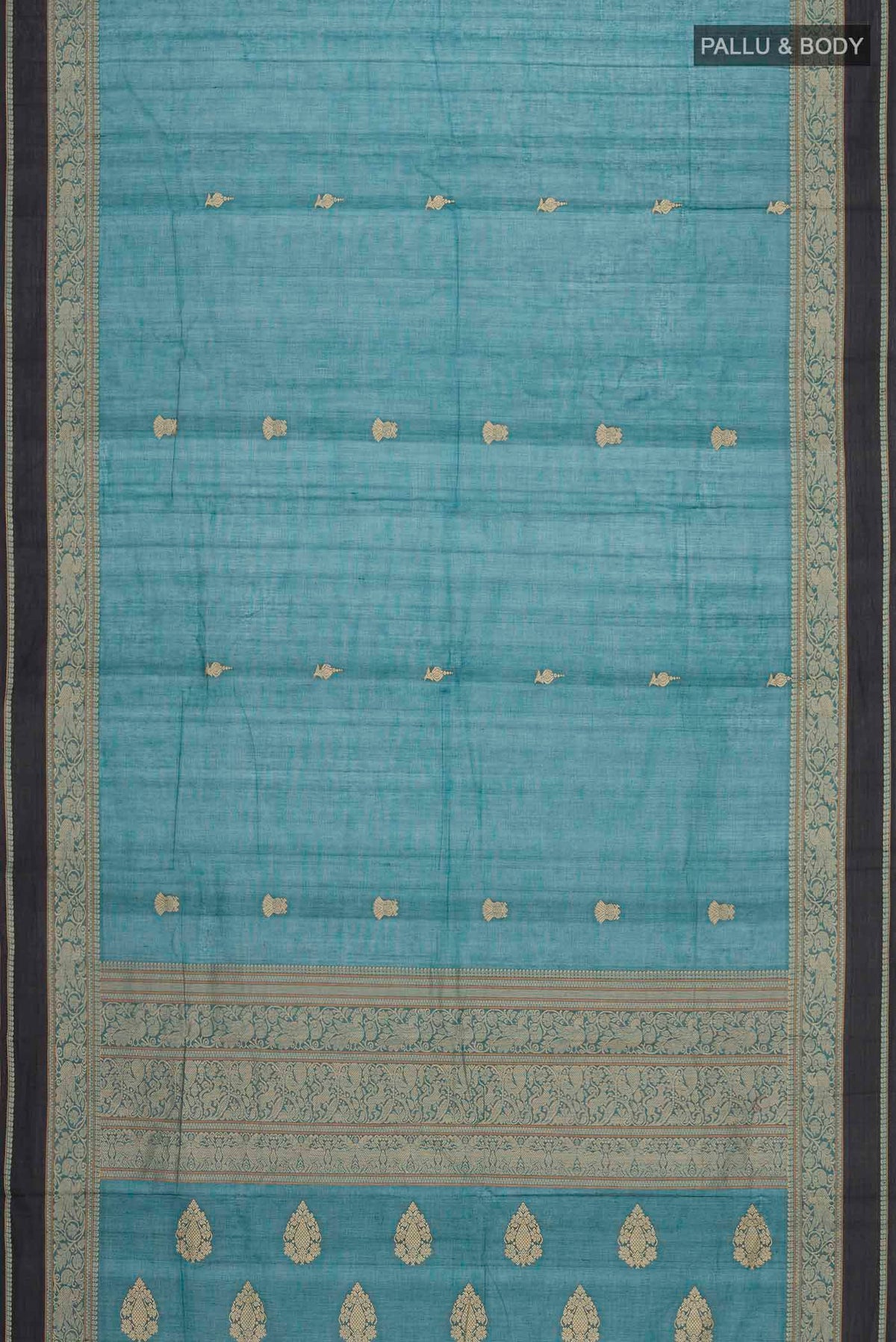 Flat view of Teal Kanchi Cotton Saree with Plain Body and Thread Border