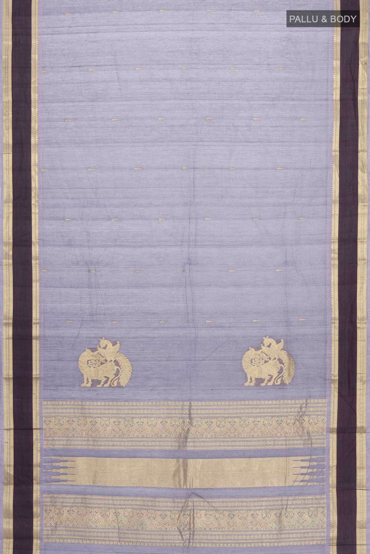 Flat view of Lilac Kanchi Cotton Saree with Zari Butta on the body and Zari Border