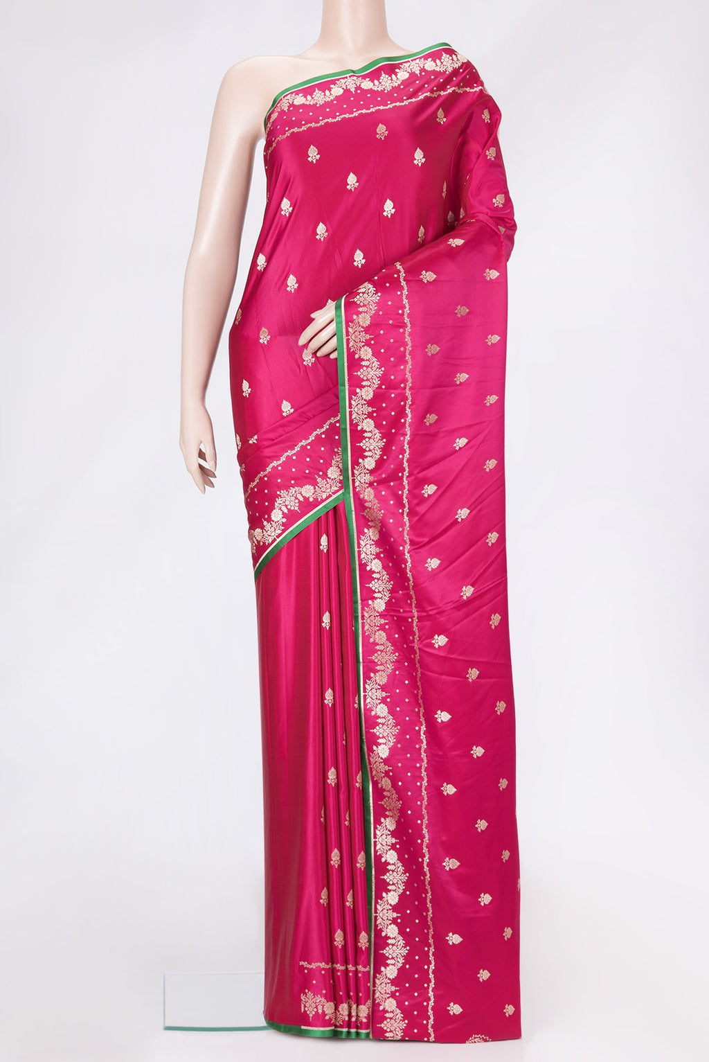 Pink Dual Tone Banarasi Silk Saree with Zari Butta on the body and Fancy Border.  displayed on a mannequin