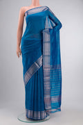 Blue Mangalagiri Cotton Saree with Plain Body and Zari Border displayed on a mannequin