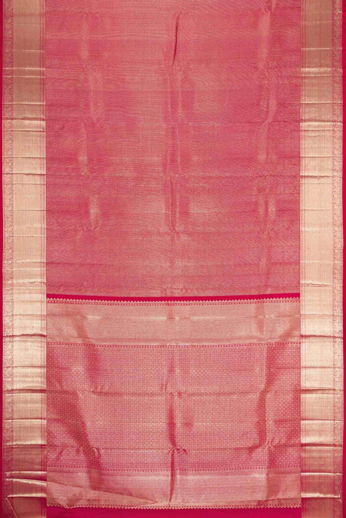 Flat view of Pink Dual Tone Kanchipuram Silk Saree with Zari Brocade on the body and Zari Border