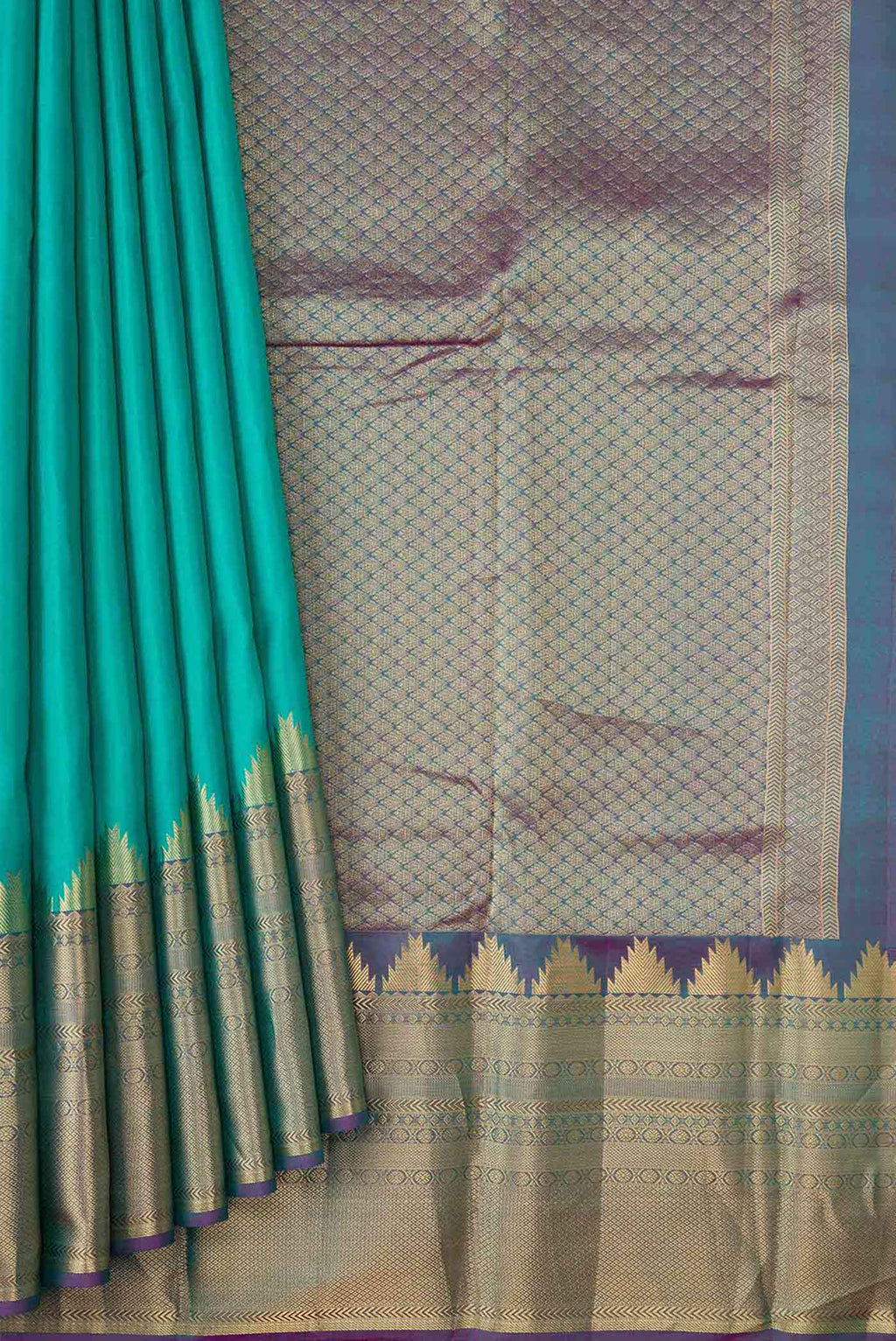 Pleats and pallu of Sea Green Dual Tone Kanchipuram Silk Saree with Plain Body and Fancy Border