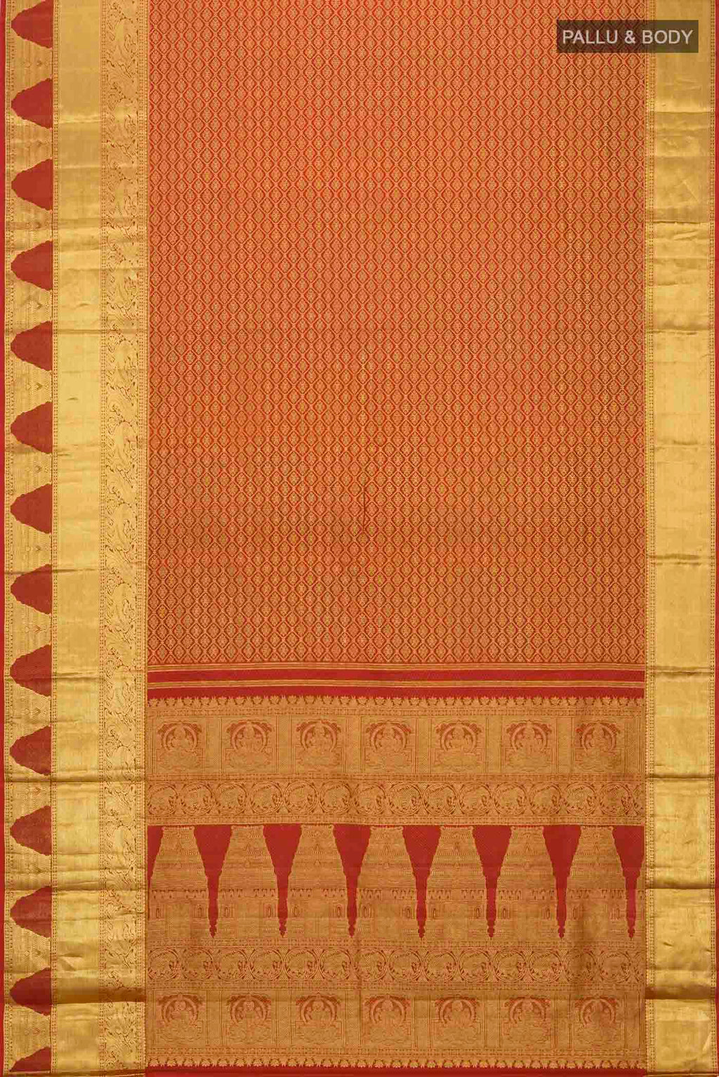 Flat view of Maroon Kanchipuram Silk Saree with Zari Butta on the body and Zari Border