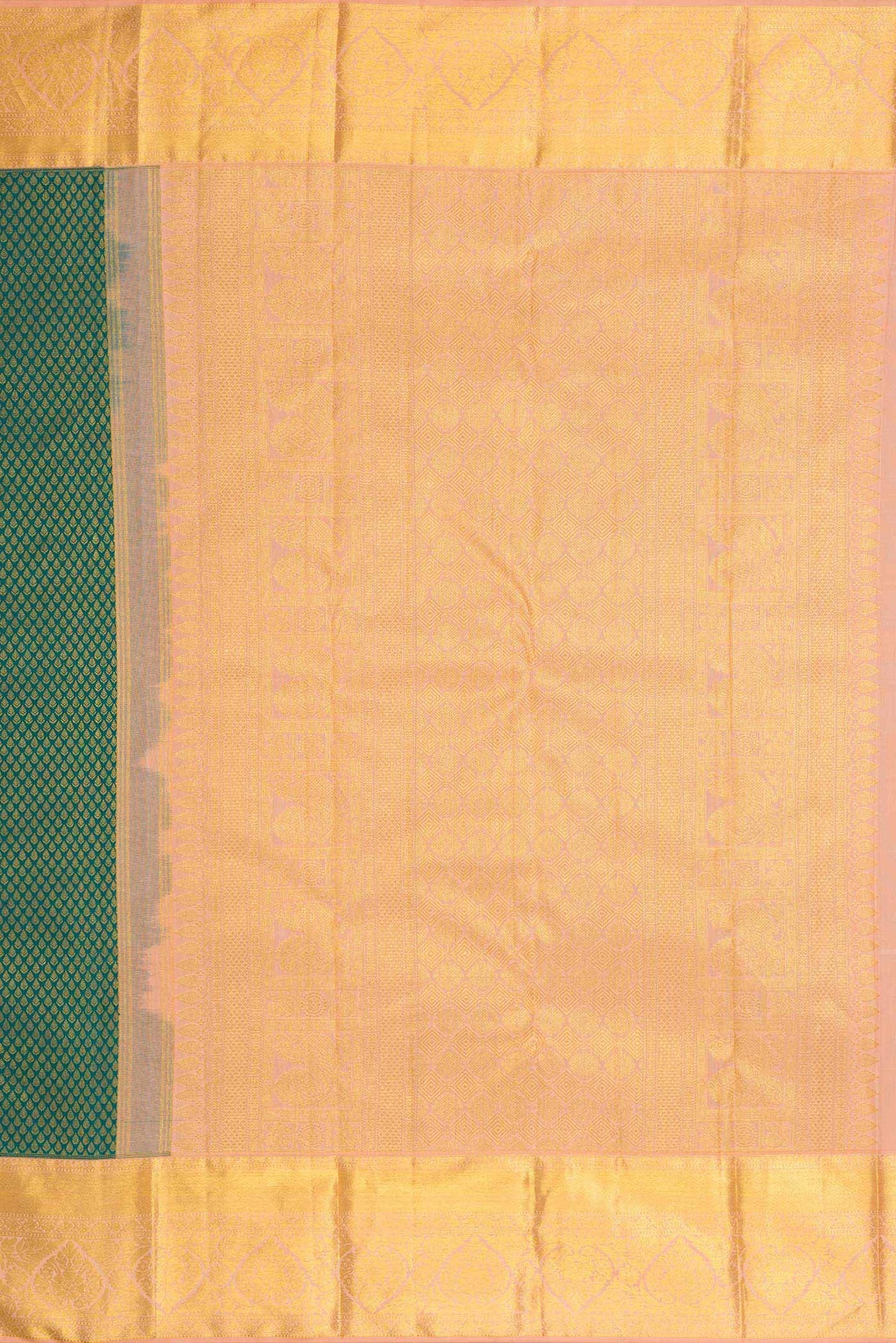 Close up image of the pallu of Green Dual Tone Kanchipuram Silk Saree with Zari Brocade on the body and Zari Border