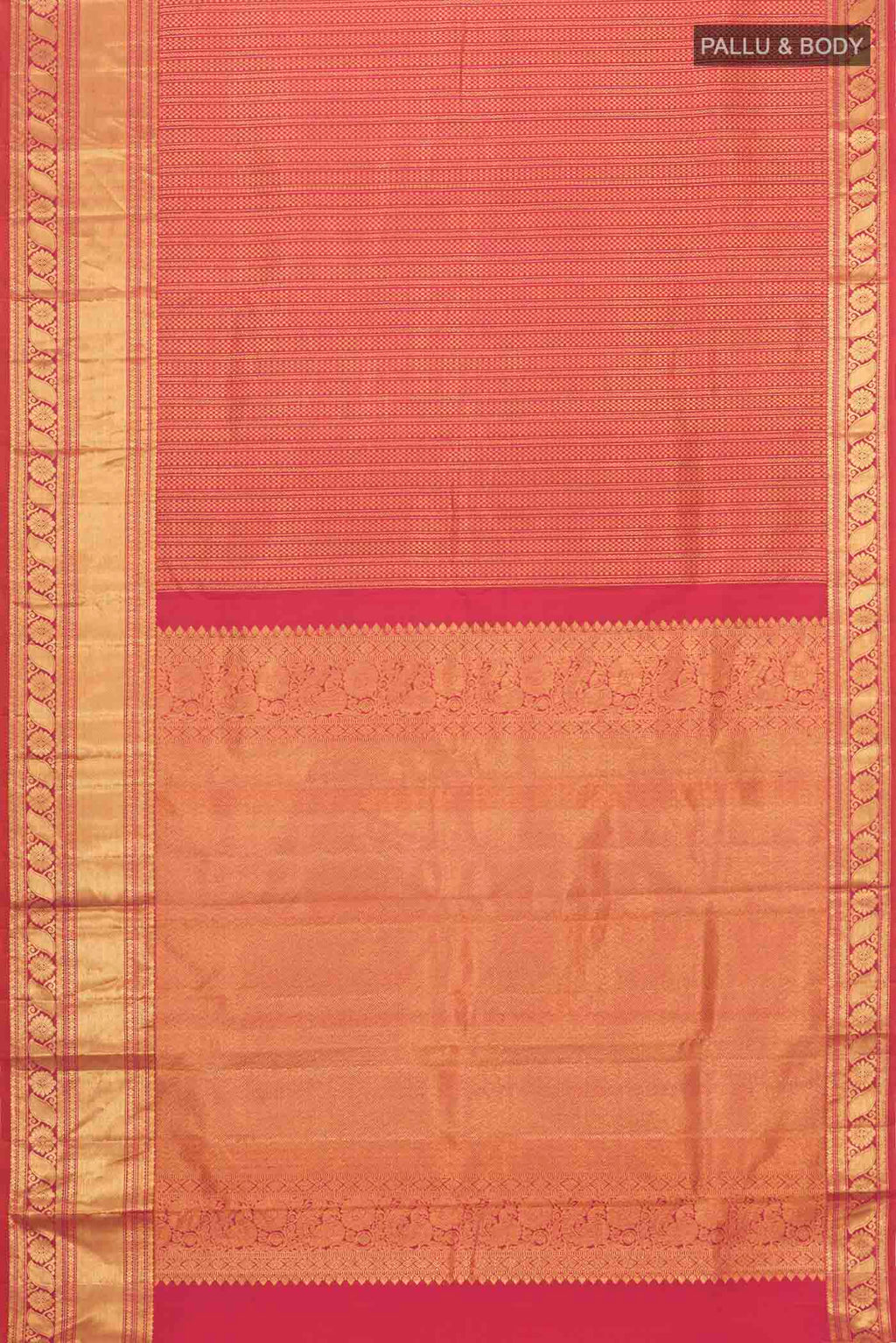 Flat view of Multi Color Kanchipuram Silk Saree with Stripes on the body and Zari Border