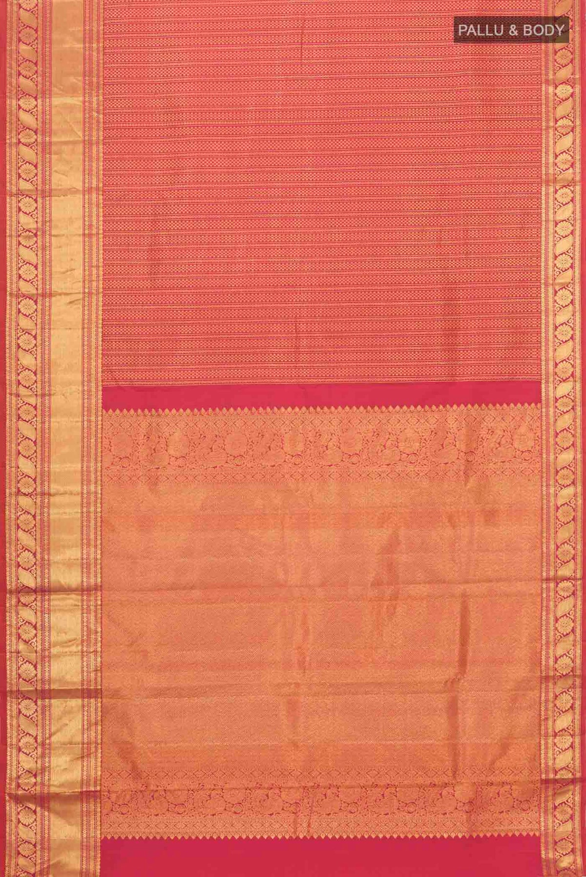Flat view of Multi Color Kanchipuram Silk Saree with Stripes on the body and Zari Border