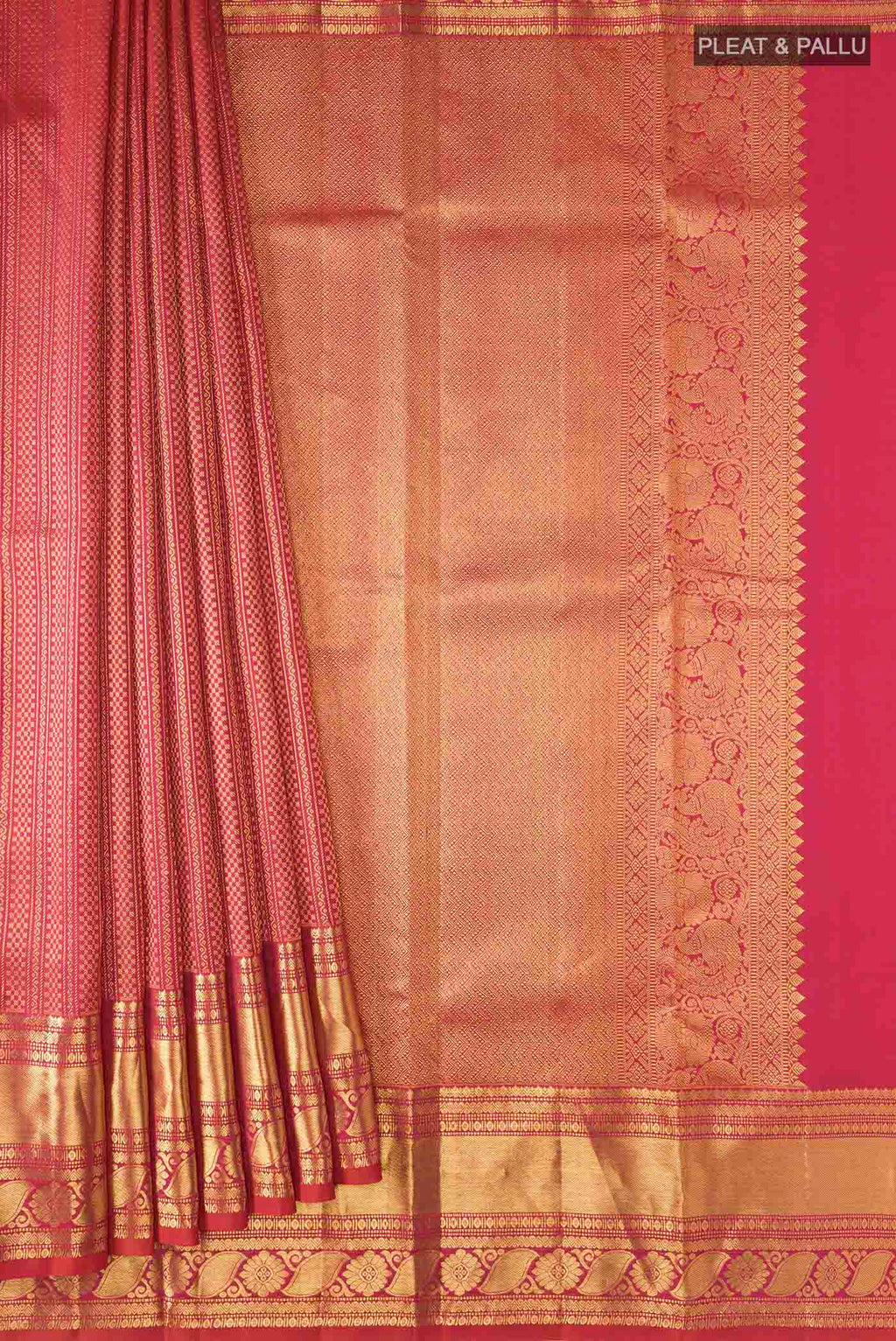 Pleats and pallu of Multi Color Kanchipuram Silk Saree with Stripes on the body and Zari Border
