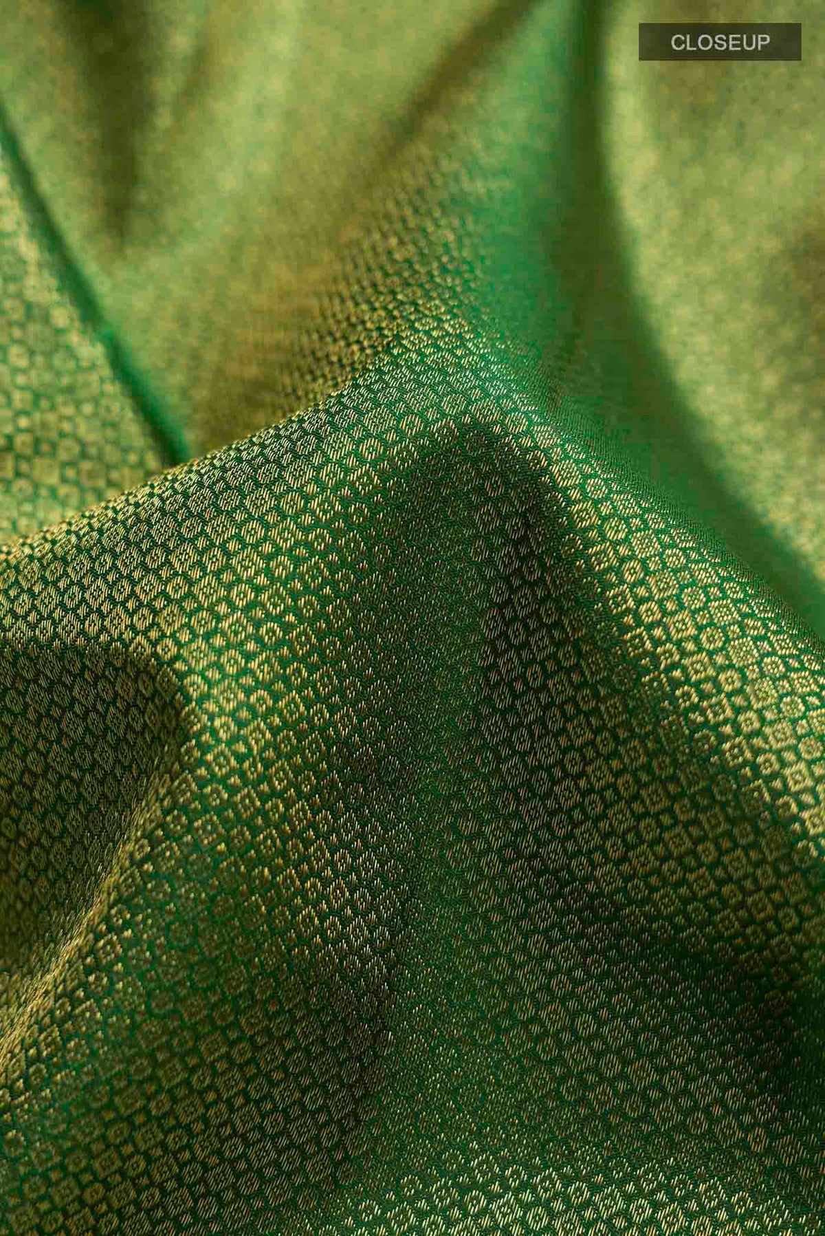 Close up of Green Kanchipuram Silk Saree with Zari Brocade on the body and Zari Border displaying folds