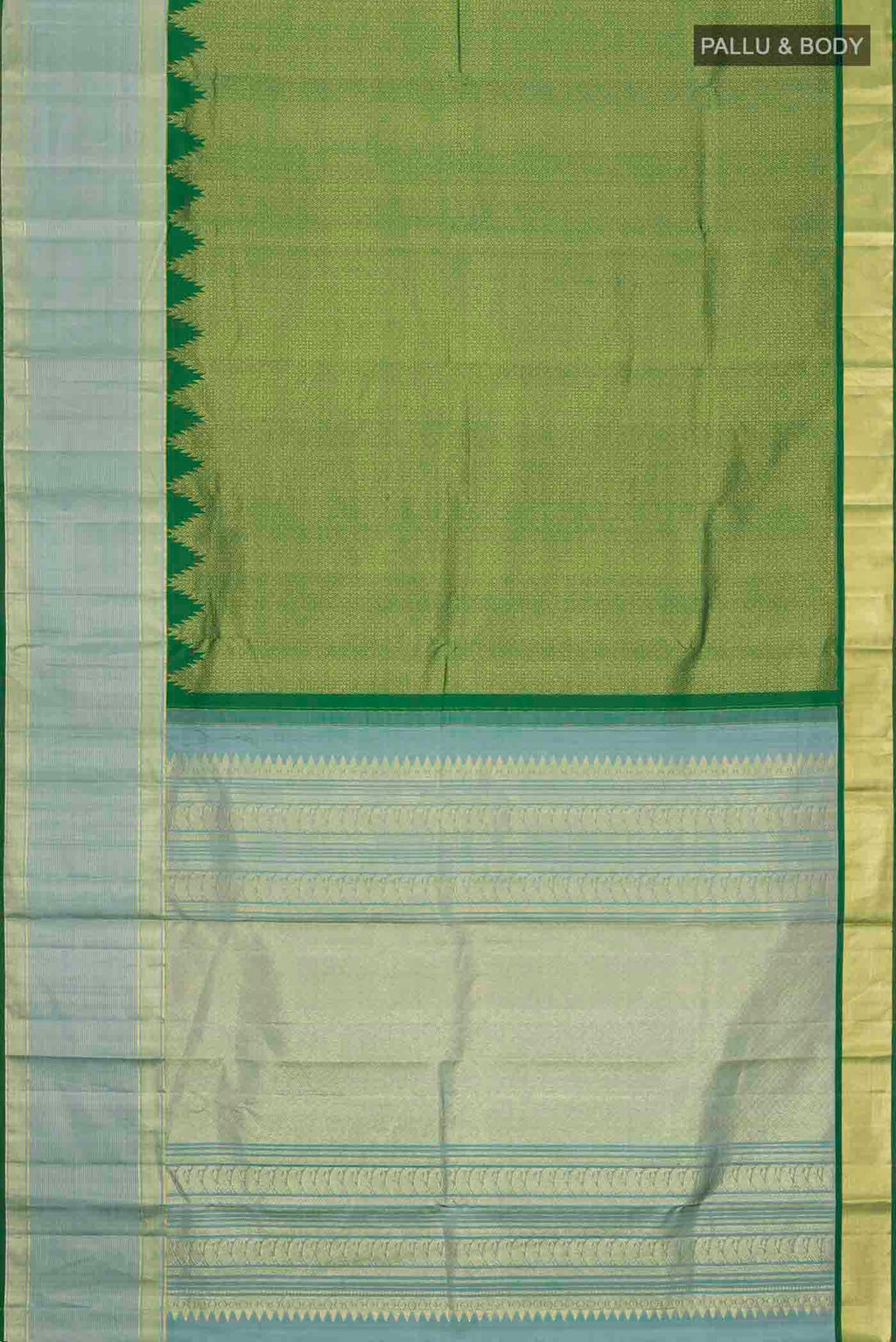 Flat view of Green Kanchipuram Silk Saree with Zari Brocade on the body and Zari Border