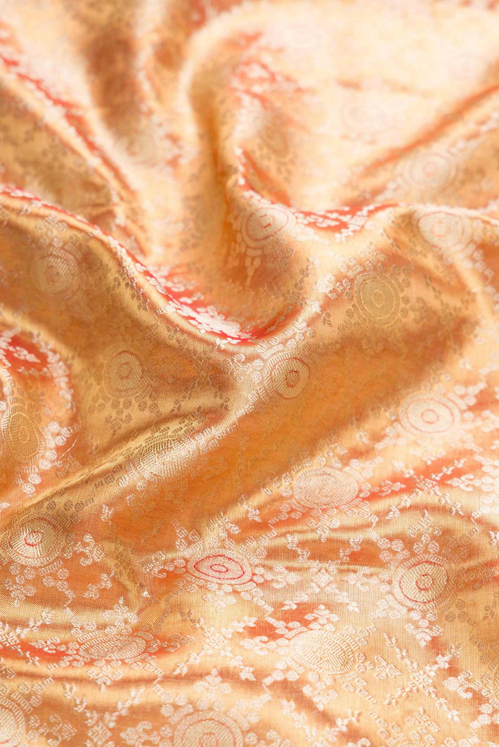 Close up of Gold Dual Tone Kanchipuram Tissue Silk Saree with Zari Brocade on the body and Zari Border displaying folds