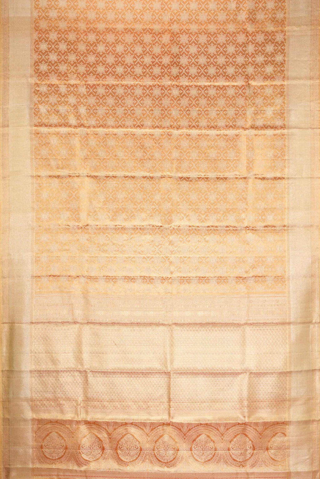 Flat view of Gold Dual Tone Kanchipuram Tissue Silk Saree with Zari Brocade on the body and Zari Border