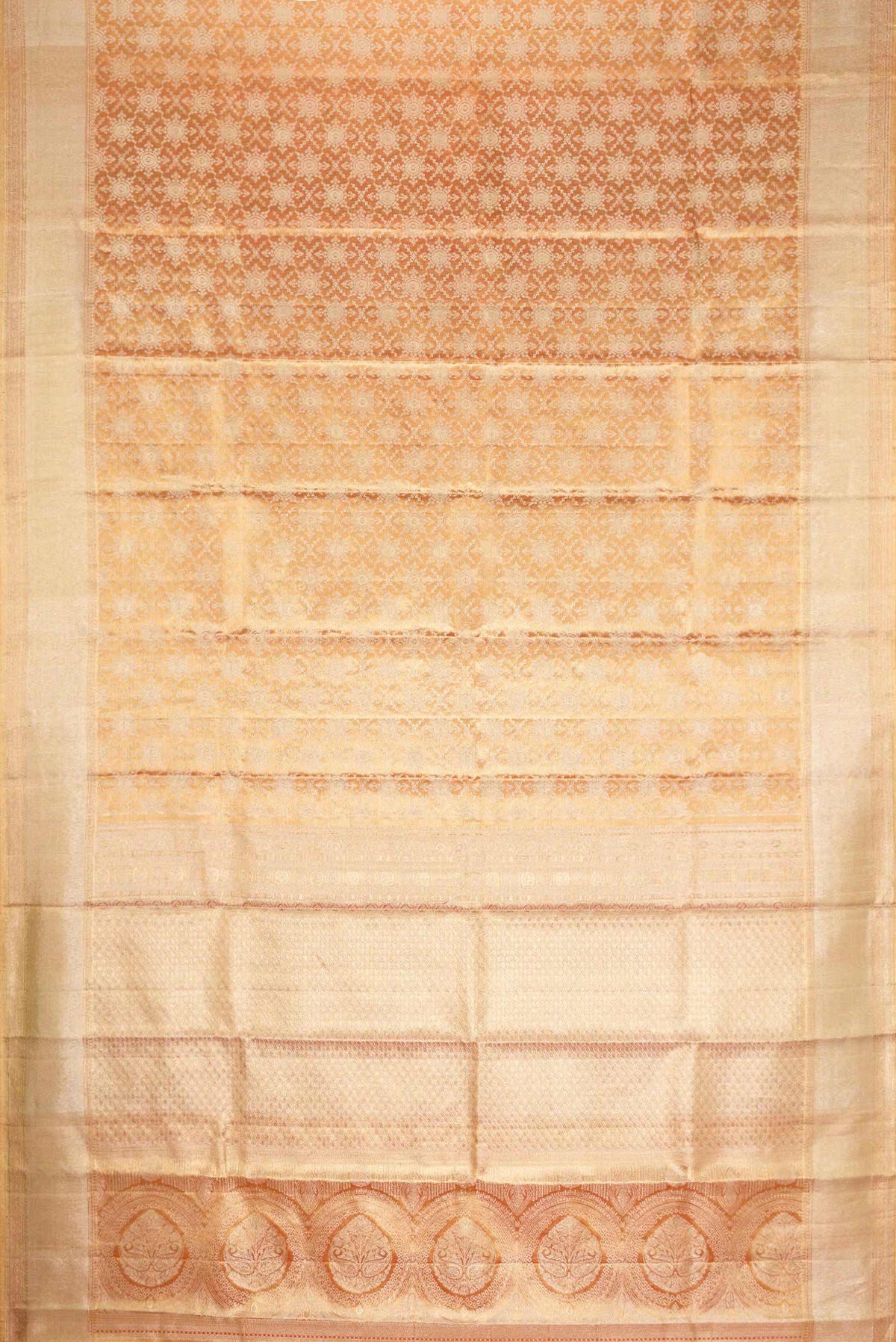 Flat view of Gold Dual Tone Kanchipuram Tissue Silk Saree with Zari Brocade on the body and Zari Border