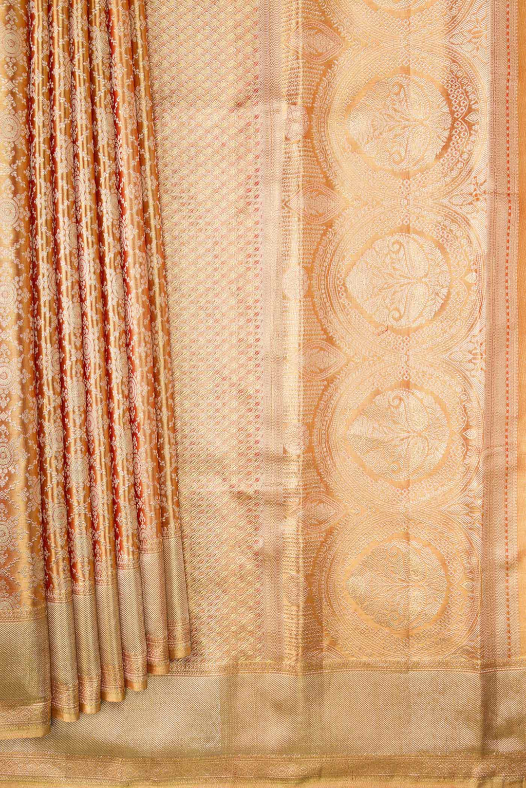 Pleats and pallu of Gold Dual Tone Kanchipuram Tissue Silk Saree with Zari Brocade on the body and Zari Border