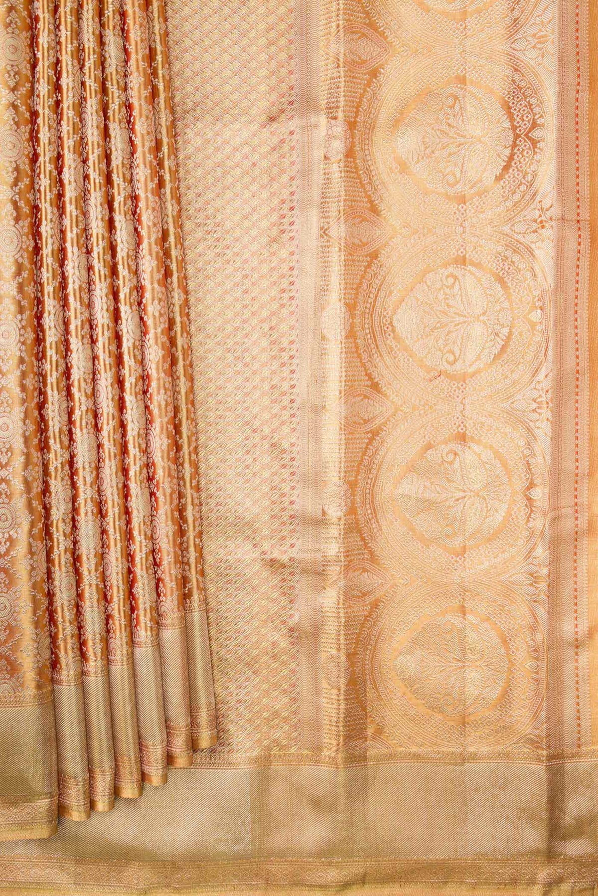 Pleats and pallu of Gold Dual Tone Kanchipuram Tissue Silk Saree with Zari Brocade on the body and Zari Border