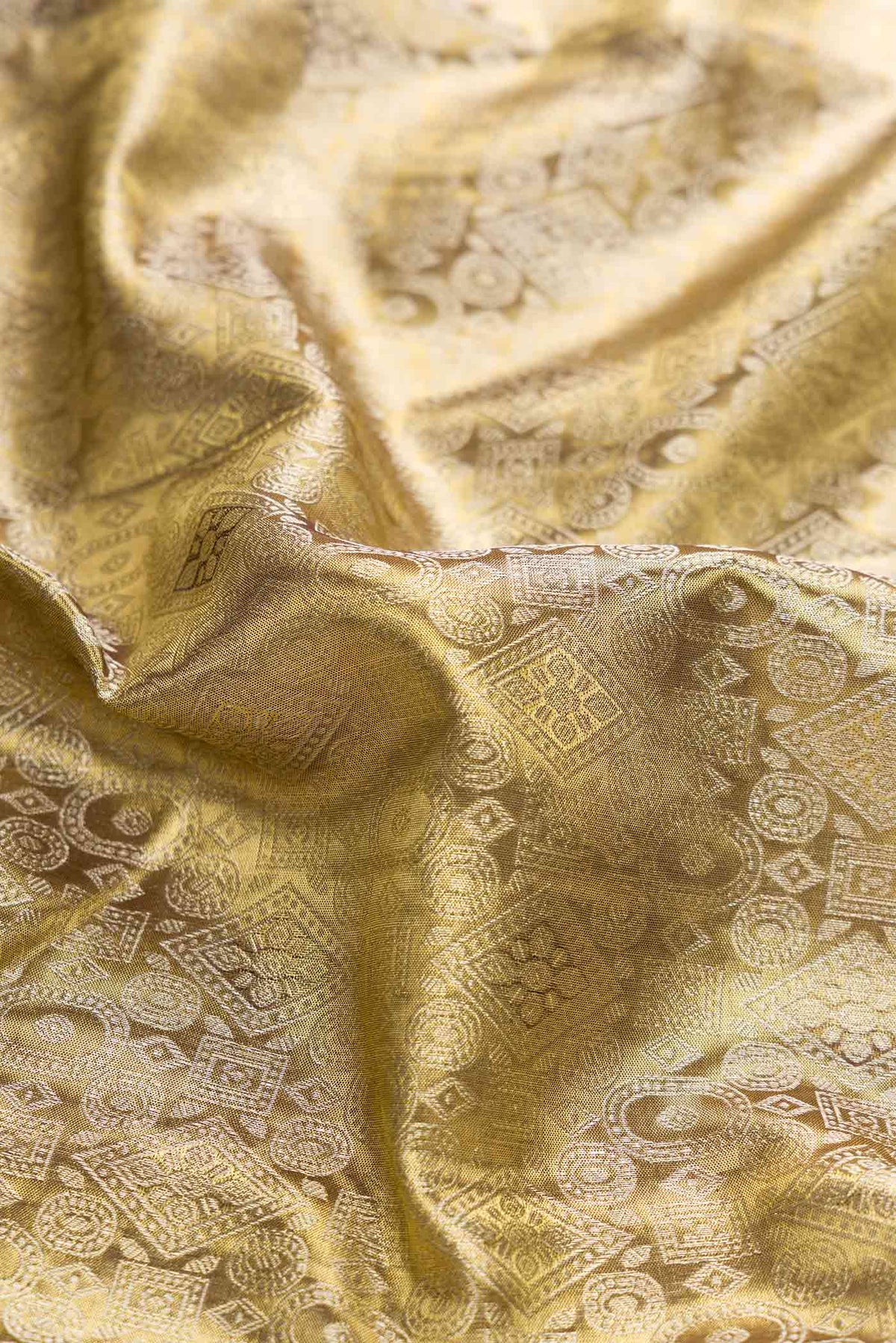 Close up of Gold Dual Tone Kanchipuram Tissue Silk Saree with Zari Brocade on the body and Zari Border displaying folds