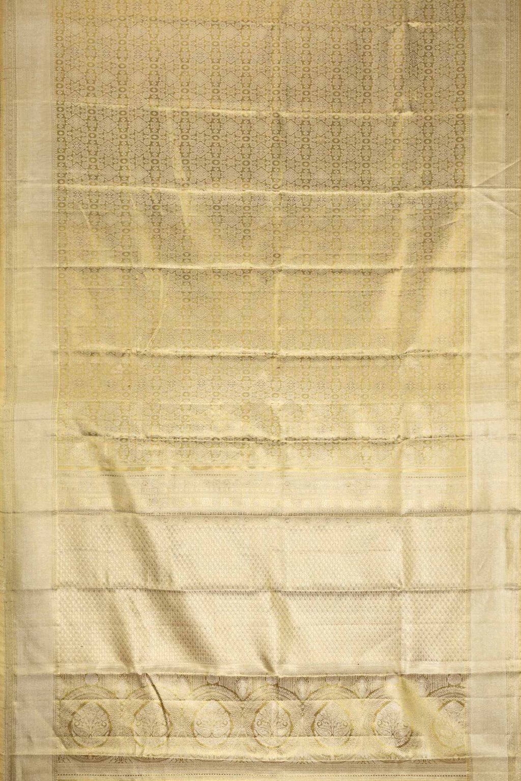 Flat view of Gold Dual Tone Kanchipuram Tissue Silk Saree with Zari Brocade on the body and Zari Border