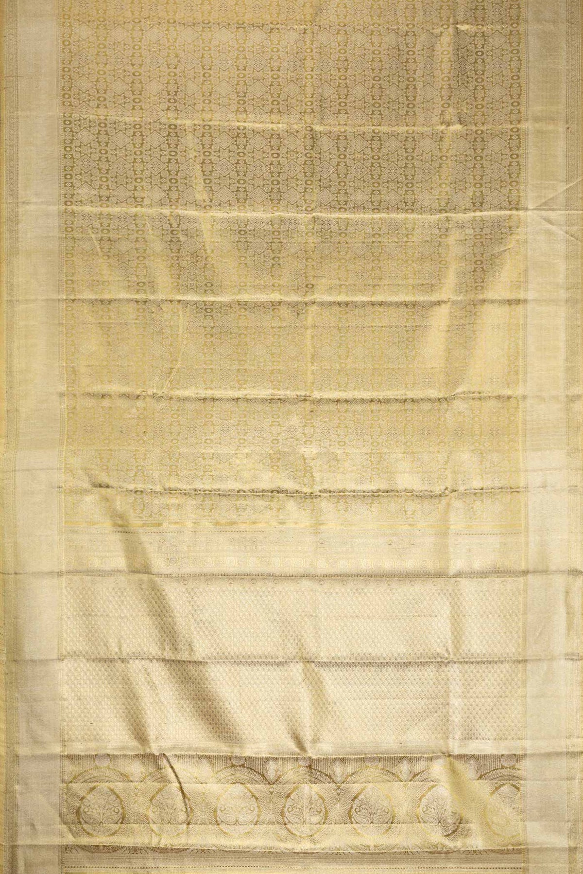 Flat view of Gold Dual Tone Kanchipuram Tissue Silk Saree with Zari Brocade on the body and Zari Border