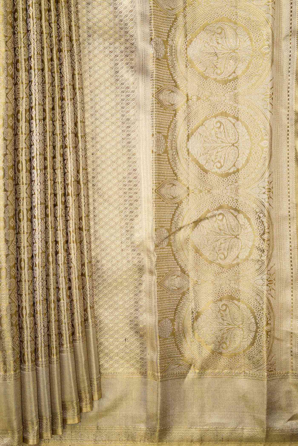 Pleats and pallu of Gold Dual Tone Kanchipuram Tissue Silk Saree with Zari Brocade on the body and Zari Border