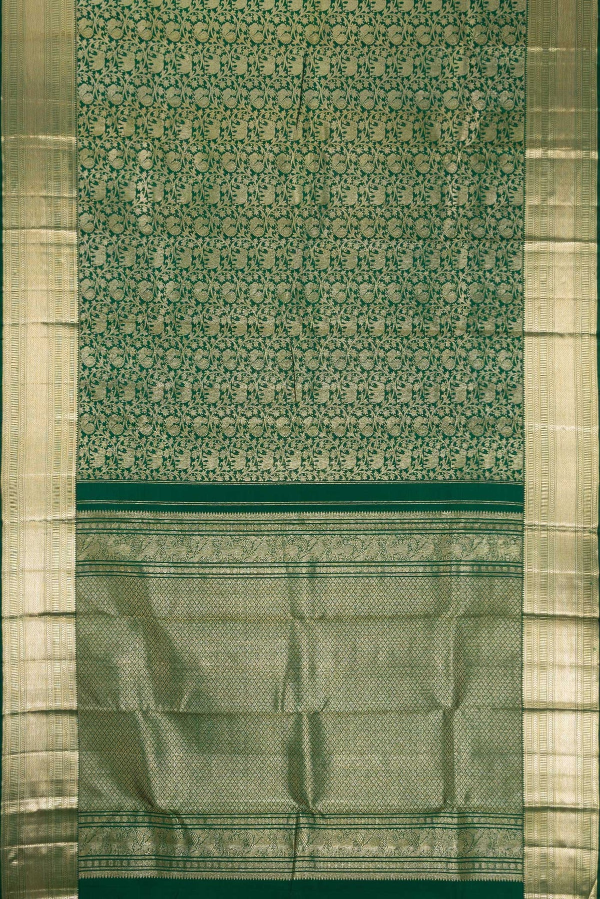 Flat view of Green Dual Tone Kanchipuram Silk Saree with Zari Brocade on the body and Zari Border. 