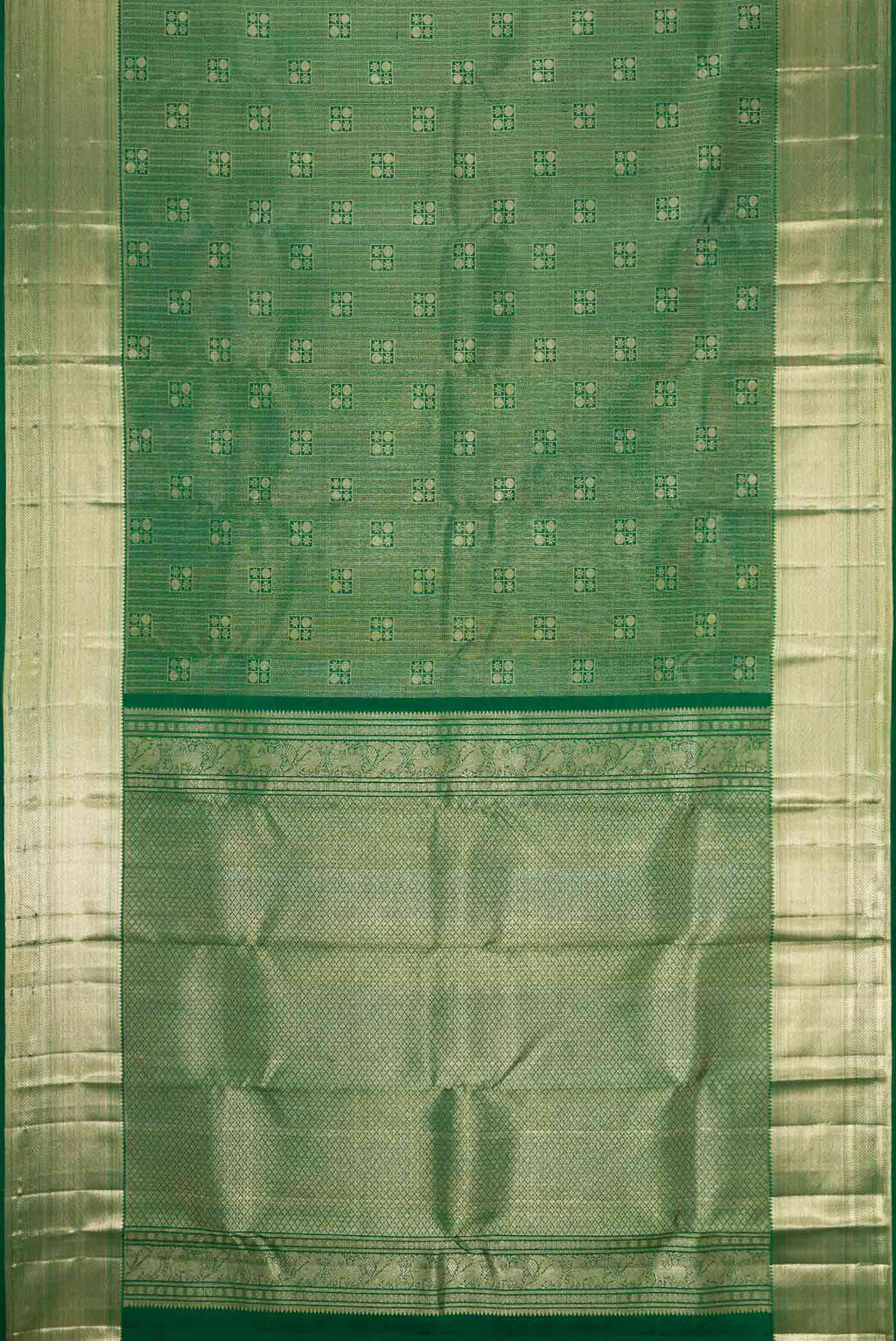 Flat view of Green Dual Tone Kanchipuram Silk Saree with Zari Brocade on the body and Zari Border