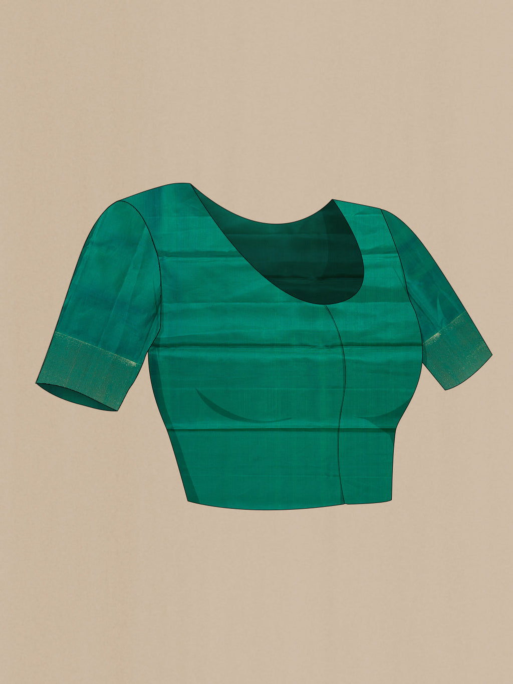 Close up image of the blouse of Green and Peacock Blue Color Kanchipuram Silk Saree with Zari Brocade on the body and Without Border. 