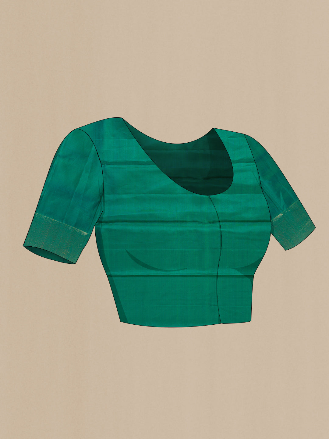Close up image of the blouse of Green and Peacock Blue Color Kanchipuram Silk Saree with Zari Brocade on the body and Without Border. 