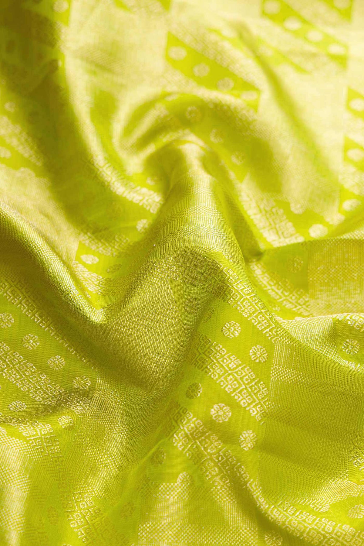 Close up of Parrot Green Dual Tone Kanchipuram Silk Saree with Zari Brocade on the body and Zari Border displaying folds