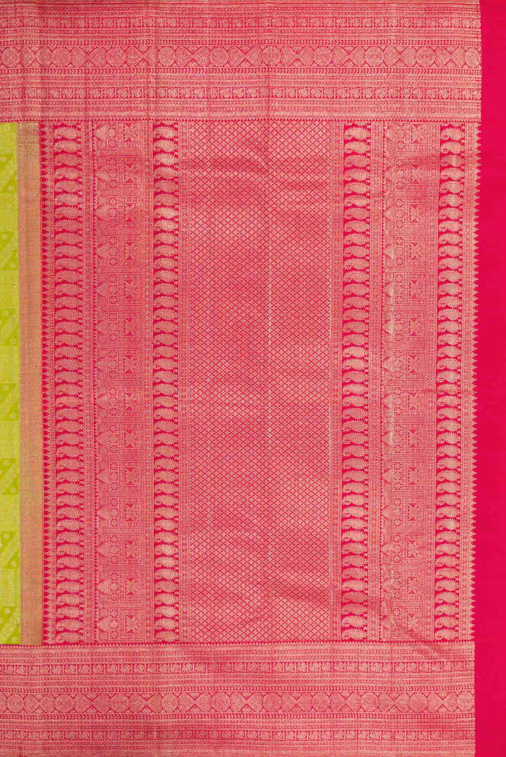 Close up image of the pallu of Parrot Green Dual Tone Kanchipuram Silk Saree with Zari Brocade on the body and Zari Border