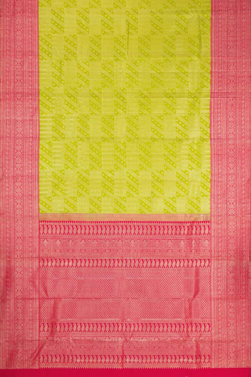 Flat view of Parrot Green Dual Tone Kanchipuram Silk Saree with Zari Brocade on the body and Zari Border