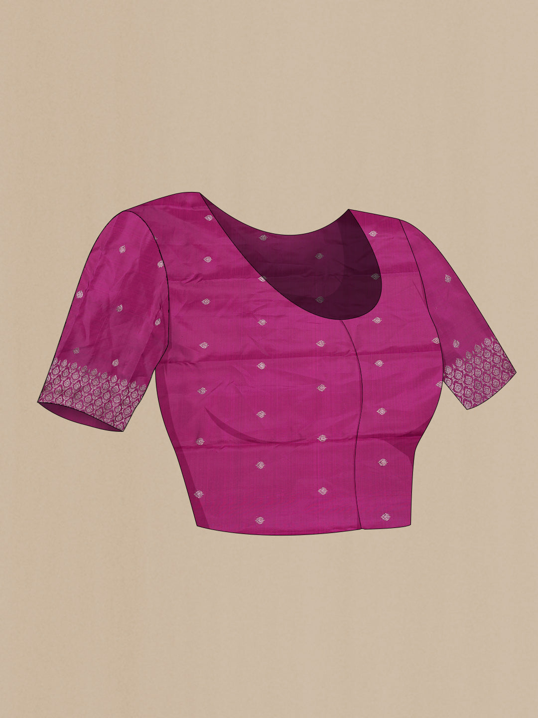 Close up image of the blouse of Magenta Dual Tone Kanchipuram Saree with Zari Butta on the body and Zari Border