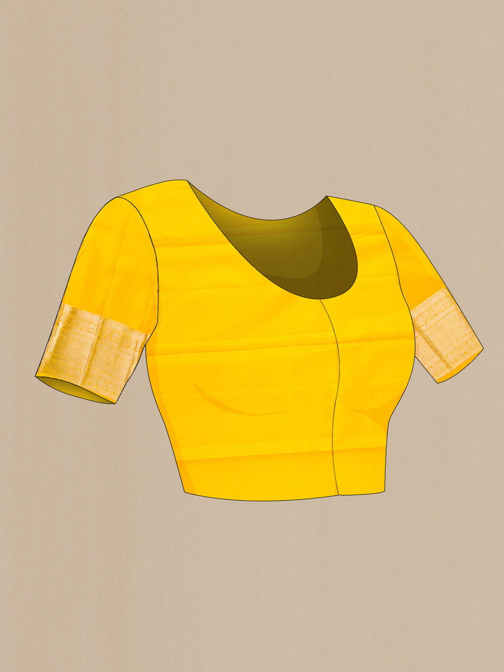 Close up image of the blouse of Yellow Dual Tone Kanchipuram Silk Saree with Zari Brocade on the body and Zari Border