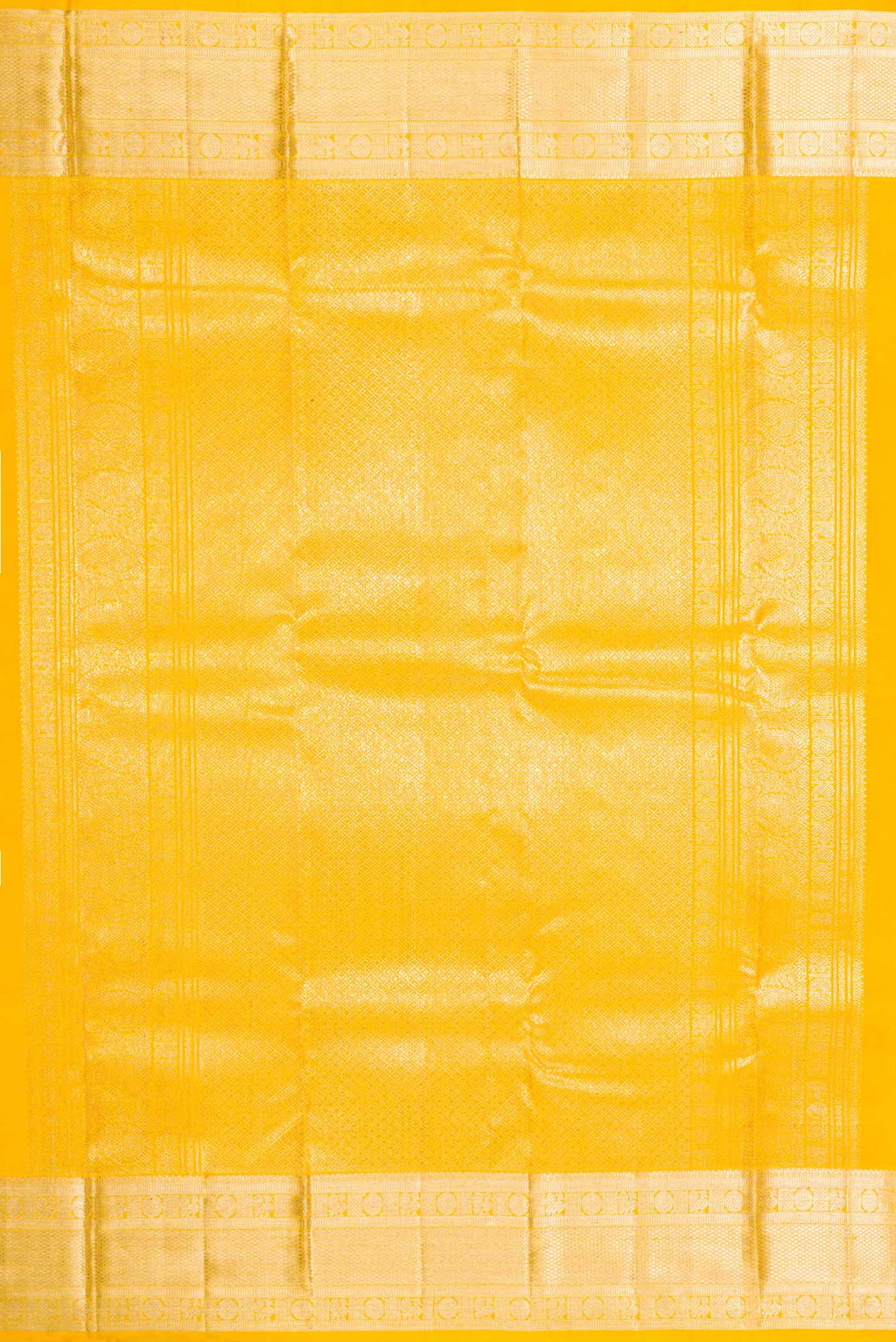 Close up image of the pallu of Yellow Dual Tone Kanchipuram Silk Saree with Zari Brocade on the body and Zari Border