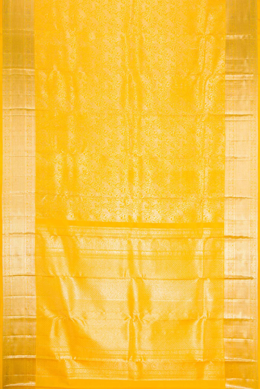 Flat view of Yellow Dual Tone Kanchipuram Silk Saree with Zari Brocade on the body and Zari Border