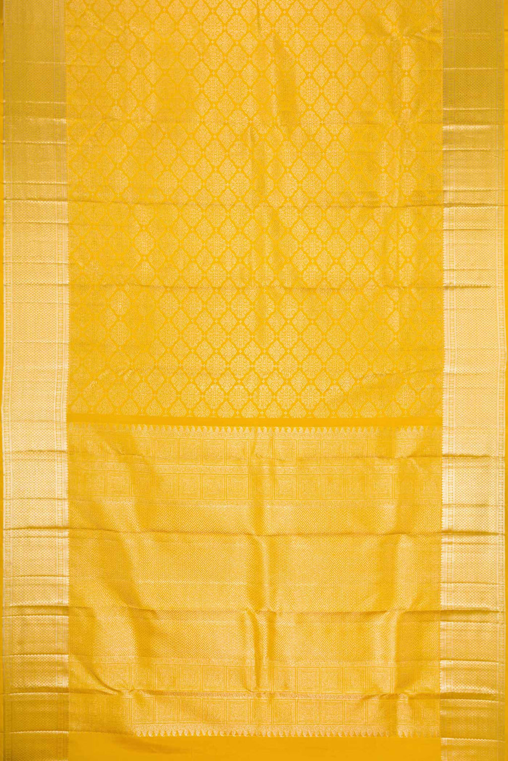 Flat view of Mustard Dual Tone Kanchipuram Silk Saree with Zari Brocade on the body and Zari Border
