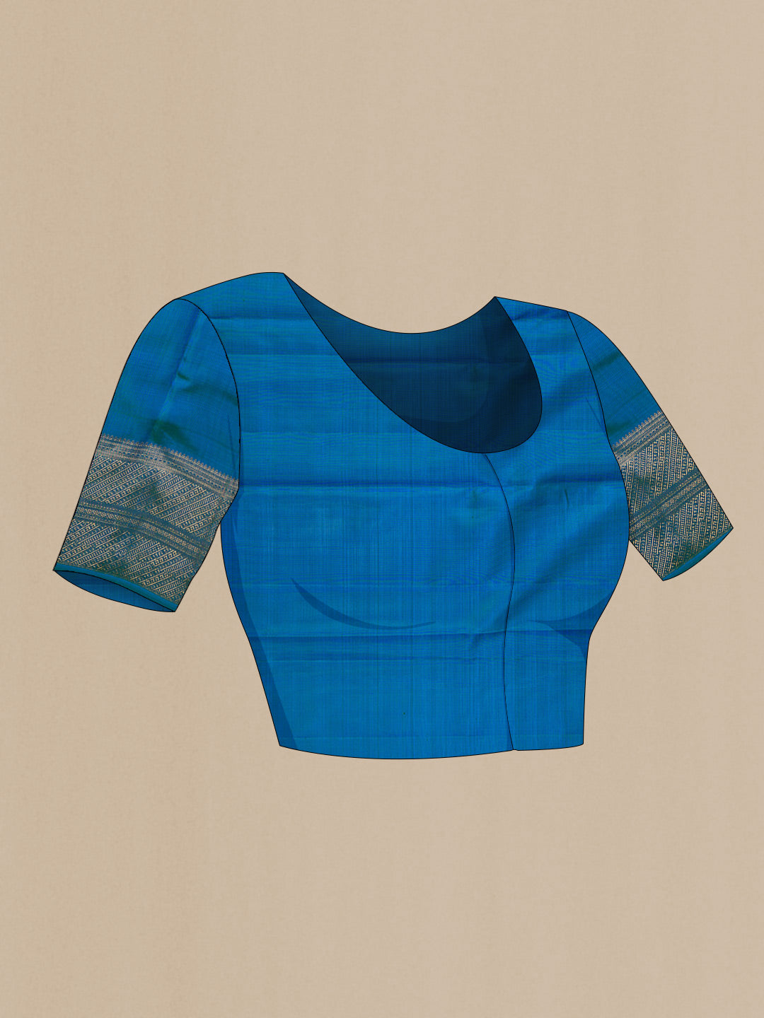 Close up image of the blouse of Peacock Blue Dual Tone Kanchipuram Silk Saree with Zari Brocade on the body and Zari Border. 
