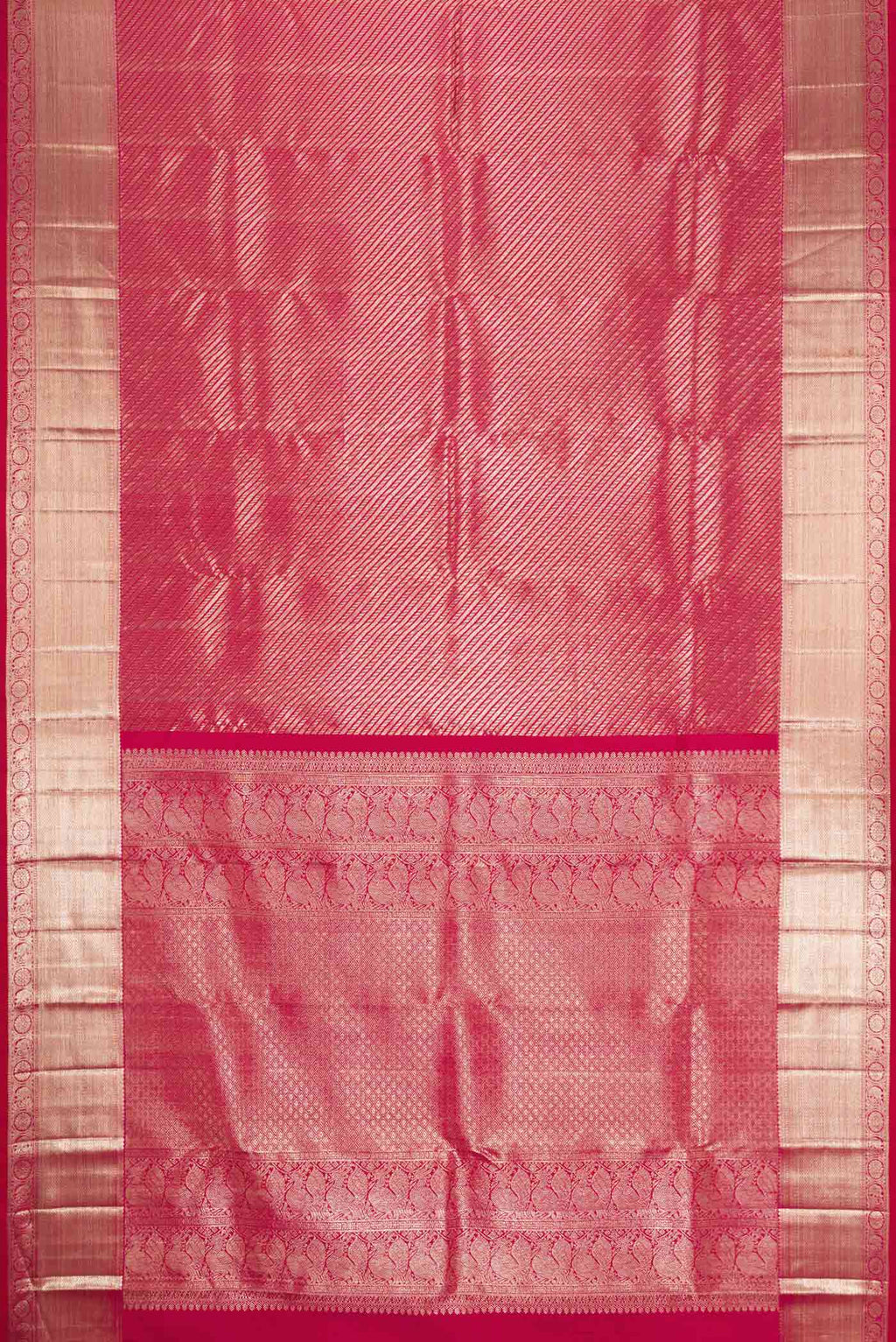 Flat view of Pink Dual Tone Kanchipuram Silk Saree with Zari Brocade on the body and Zari Border