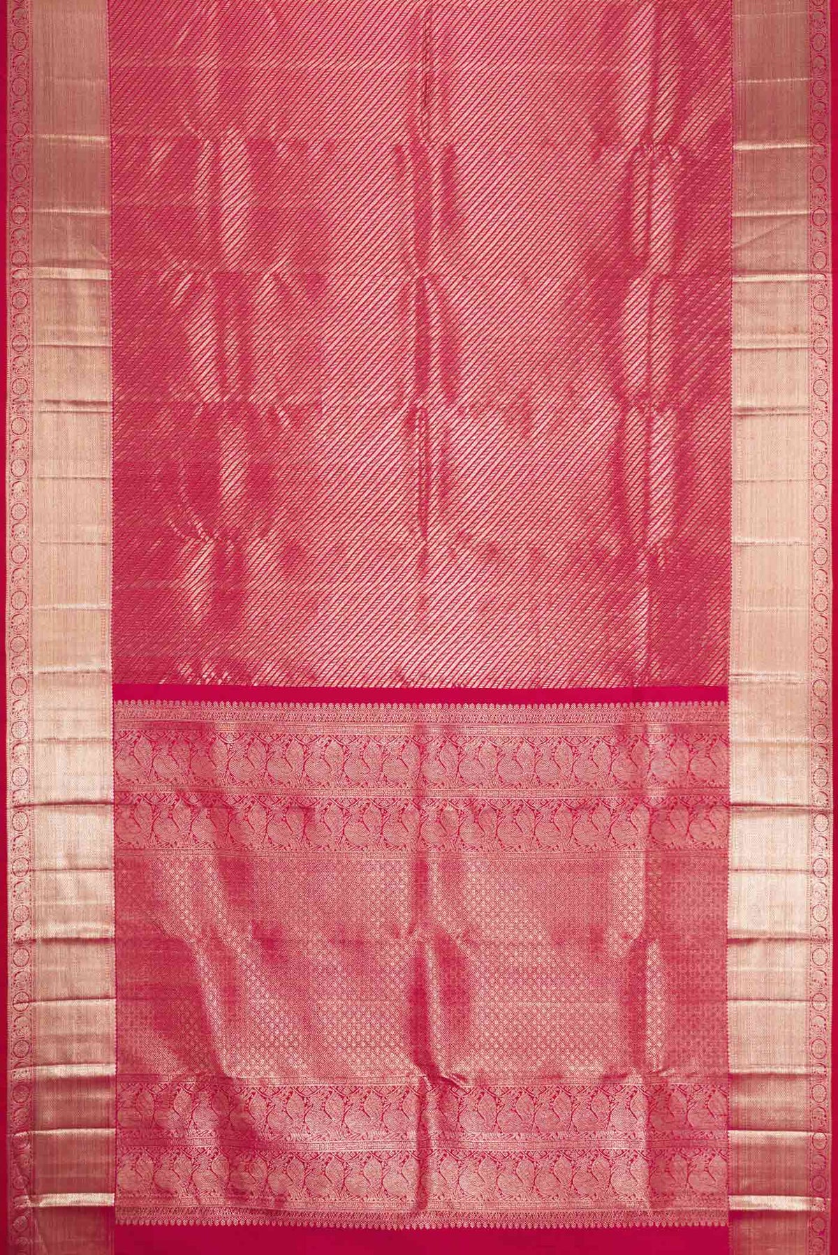 Flat view of Pink Dual Tone Kanchipuram Silk Saree with Zari Brocade on the body and Zari Border