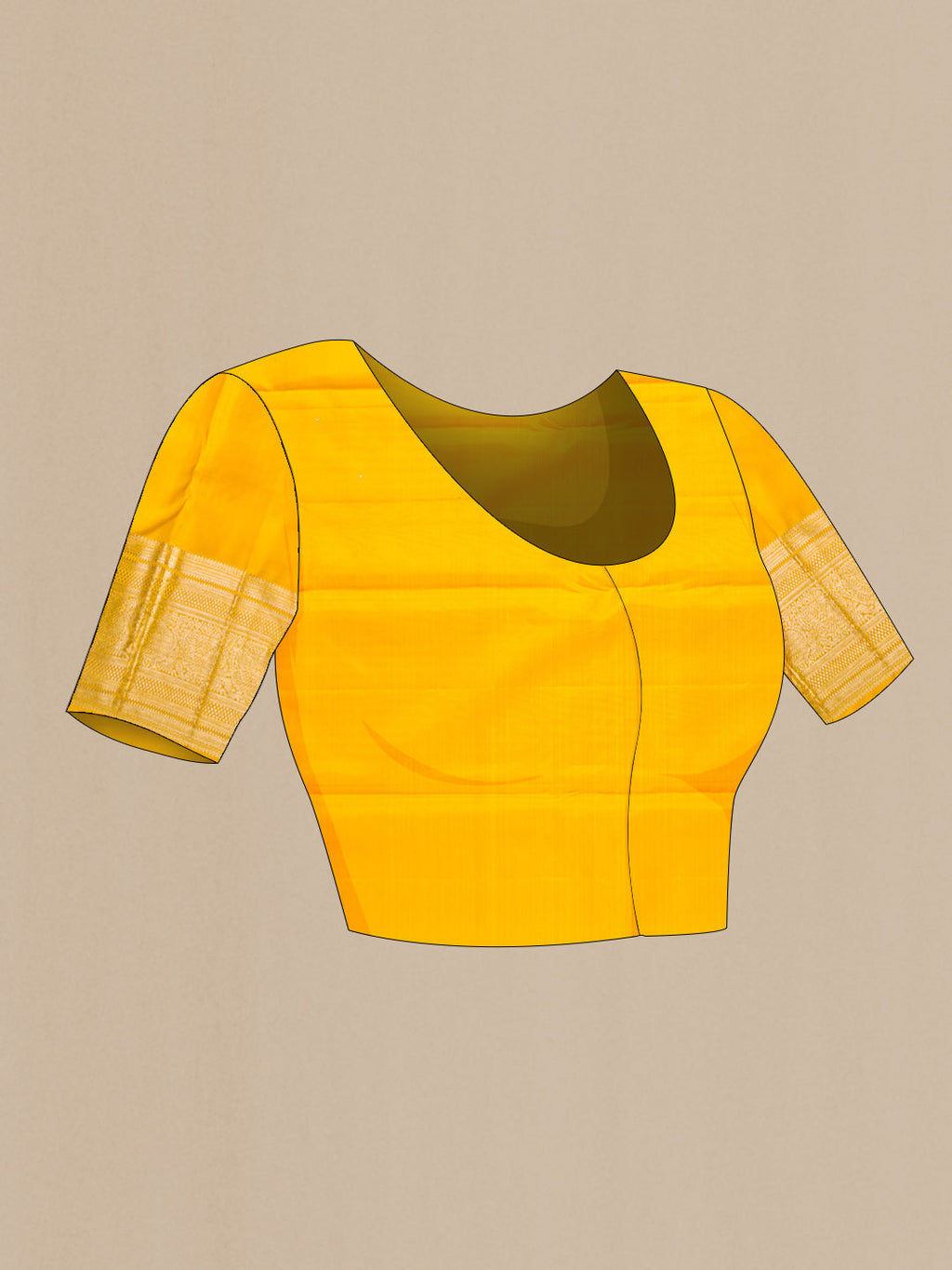 Close up image of the blouse of Yellow Dual Tone Kanchipuram Silk Saree with Zari Brocade on the body and Zari Border